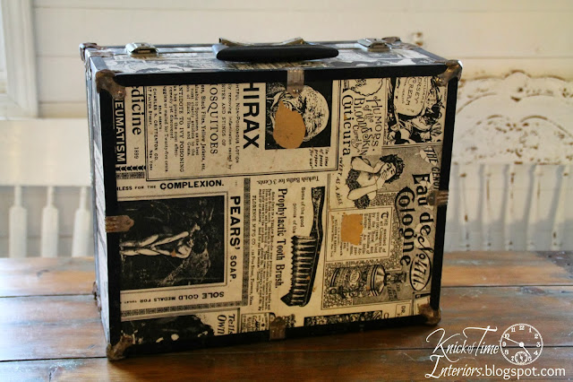 Roller Skating Trunk Makeover by Knick of Time Repurposed Trunk into Wall Cabinet with Dictionary Pages and Framed Mirror by Knick of Time