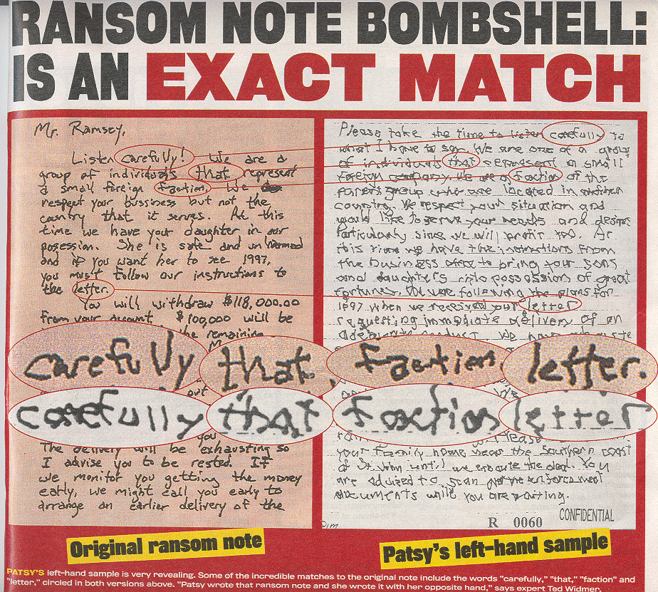 RDI lies and misinformation - Patsy was ambidextrous therefore handwriting invalid  Patsy+left+hand+comparison+Nat+Enquirer