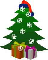 Beautiful Christmas tree decoration with snowflakes,Santa hat and X mas gifts clip art photo