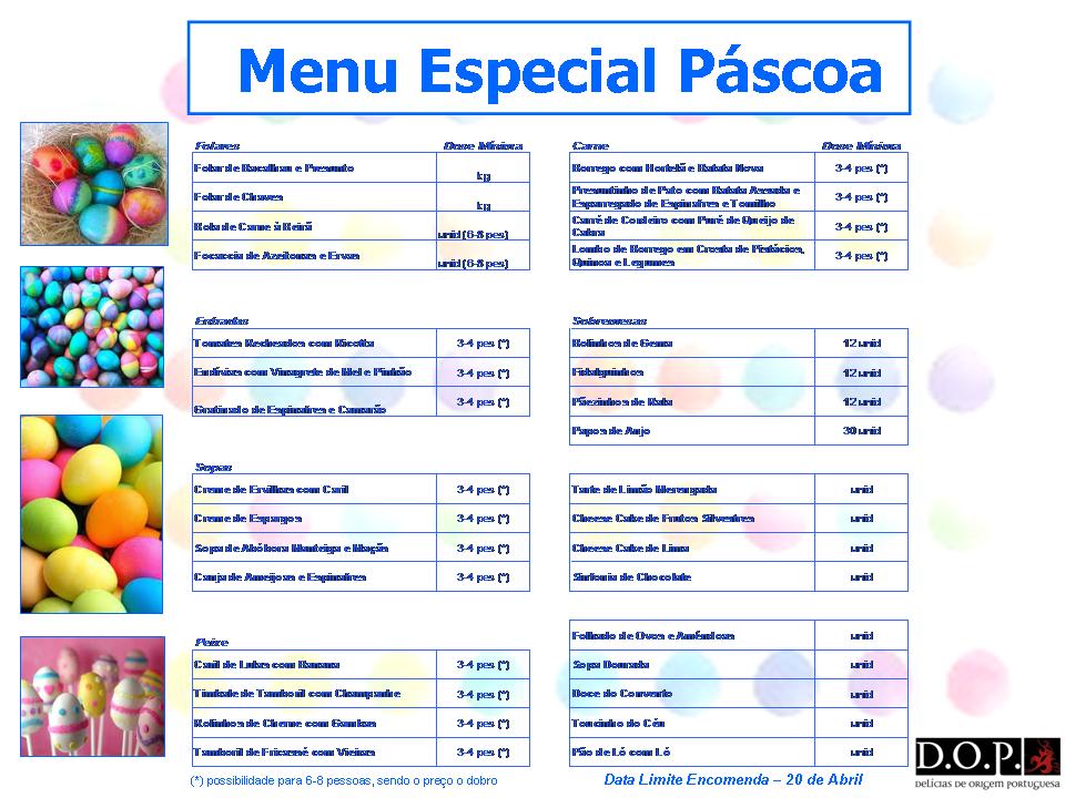 D.O.P. Delícias de Origem Portuguesa Páscoa Especial Menú Especial