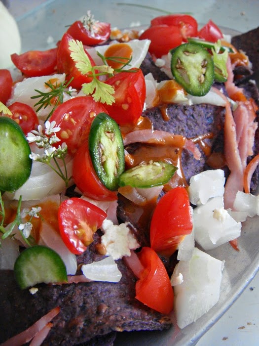 Ham and Feta Blue Corn Nachos