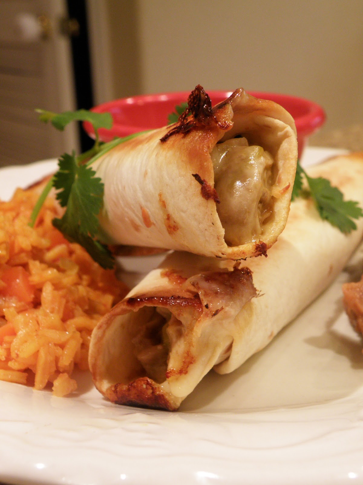 Kim's Concoctions Baked Chicken Flautas with Spanish Rice, Refried