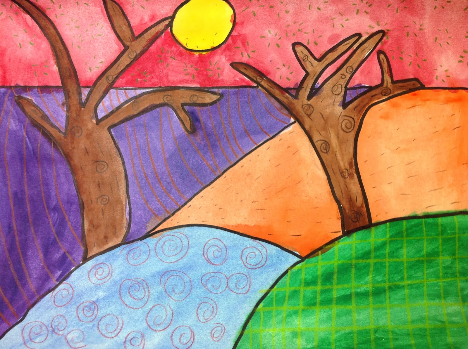 Splats, Scraps and Glue Blobs 5th Grade Landscapes with Zentangle