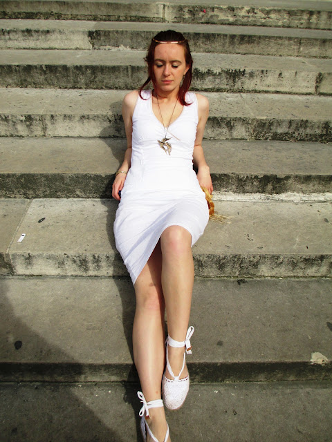 Pantheon Paris grecian white dress gold steps reclining sun