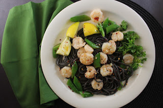 Shrimp and Snap Peas on Squid Ink Pasta