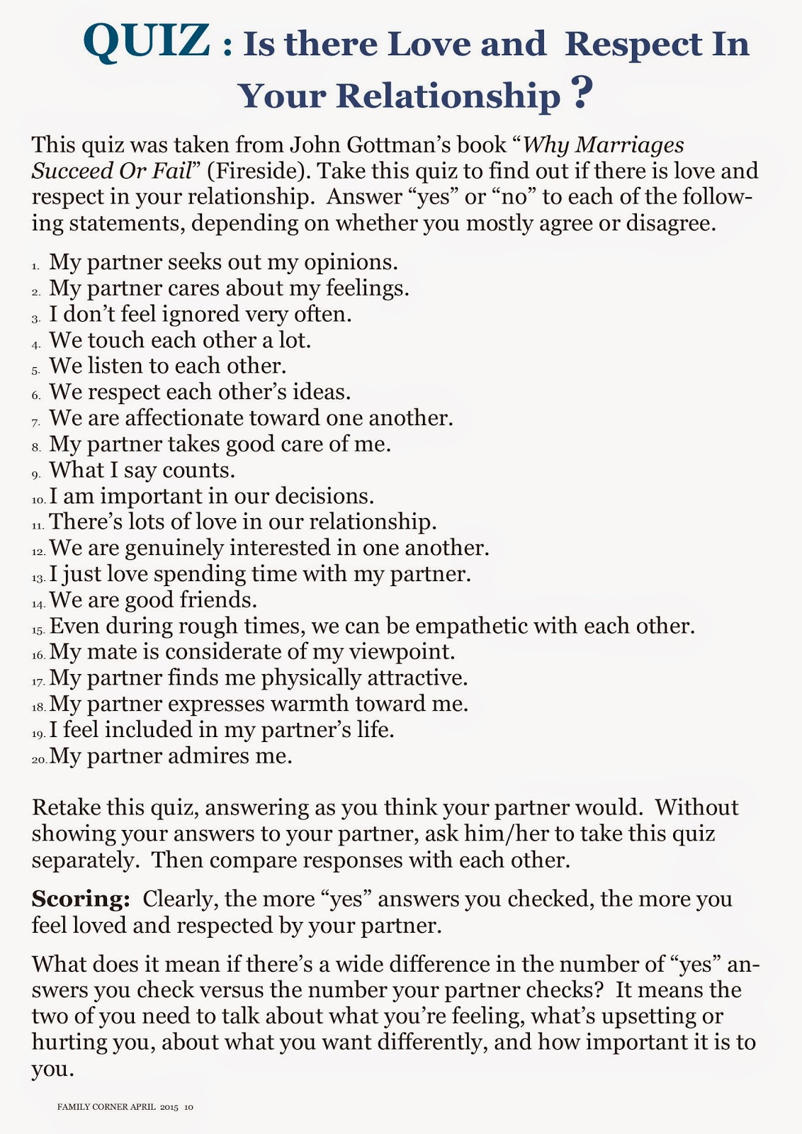 FAMILY CORNER IS THERE LOVE AND RESPECT IN YOUR RELATIONSHIP ? TAKE