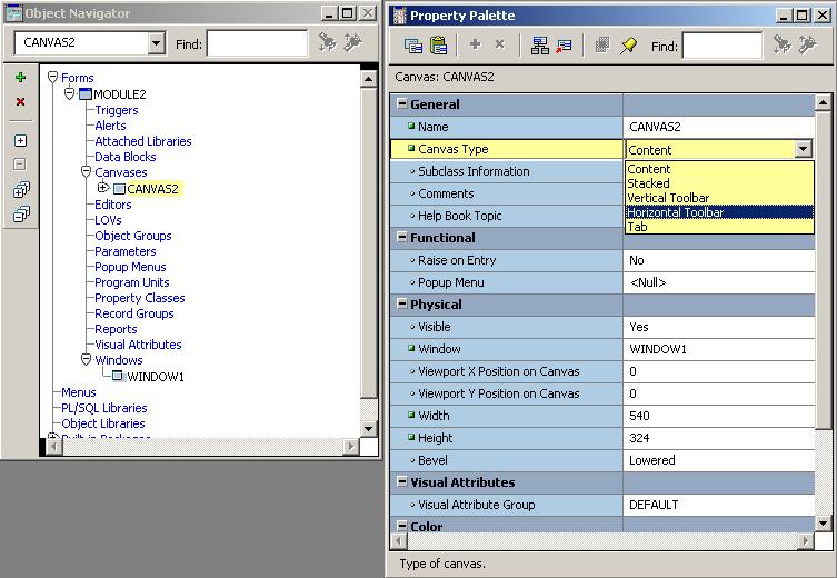 What are the different canvas types available in Oracle forms