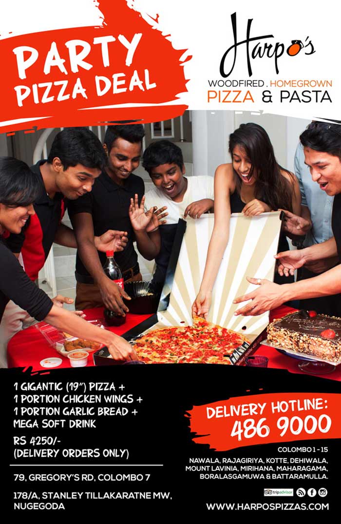 Harpo’s Pizza, now in its 8th year of operation, and the first home grown brand, has launched its first stand alone Pizza Parlor in Nugegoda in April 2015. Located in the busy Nugegoda town, on Stanley Tillekeratne mw, it serves the well known selection of Italian pizza range, a new Home grown flavors with local toppings, in 3 sizes, including Colombo’s Largest (19”) pizza, homemade Fresh Pasta, selection of Side Orders, Home- made beverages and dessert.