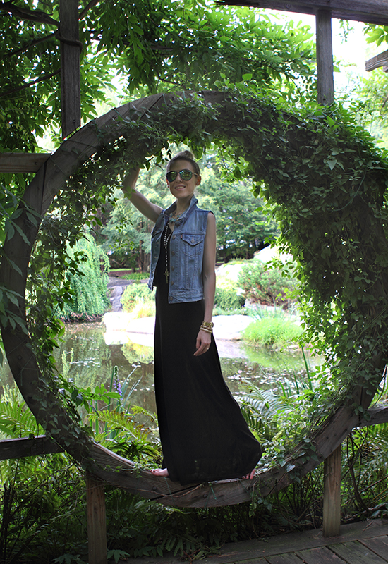 “Lost In The Woods” Outfit Post on “The Wind of Inspiration” Blog #outfit #look #style #fashion #personalstyle #fashionblog #fashionblogger (Warehouse maxi dress, Levi’s denim trucker Vest, Olive & Winnie Necklace, Forever 21 rosary necklace, Oxen Revolution mirrored aviators, Kenneth Cole New York watch, Asos bracelets, Sinful Colors Professional 975 Coffee)