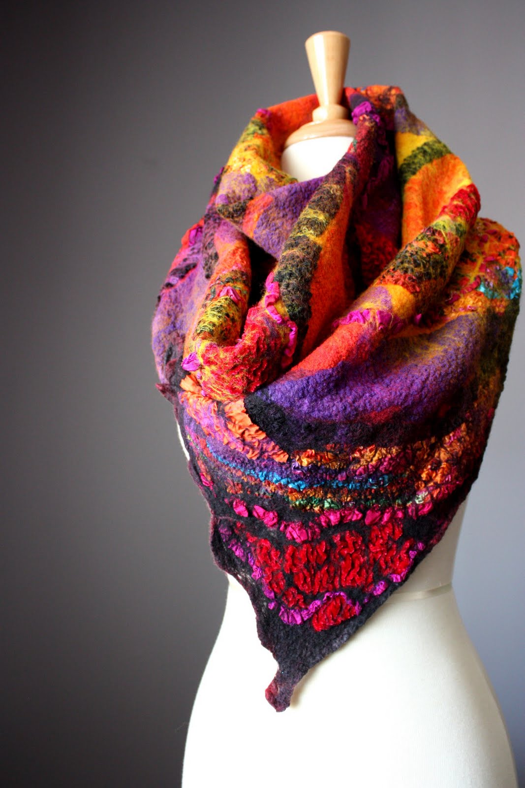 Laboratory of Fashion Felted scarf shawl Wool Silk Red Yellow Purple