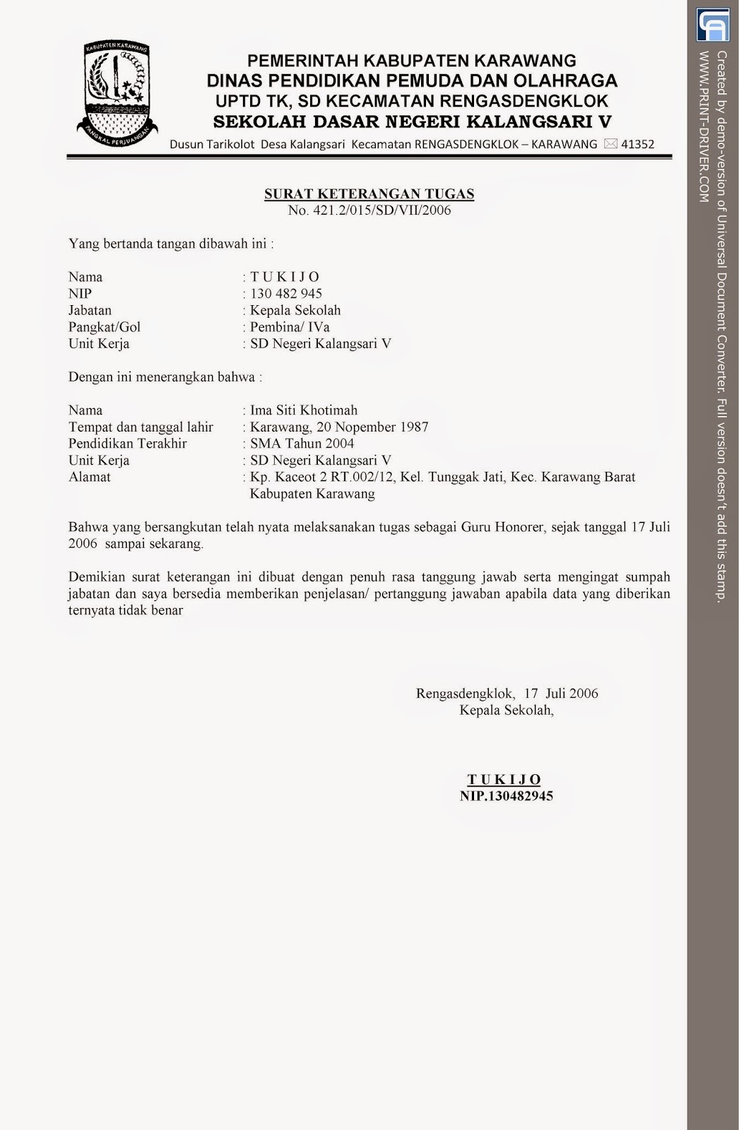 Surat Tugas Guru Honorer Ayo Sekolah