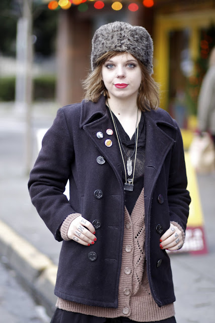 Marion Bailey Redlight Vintage Seattle street style fashion pin fur hat