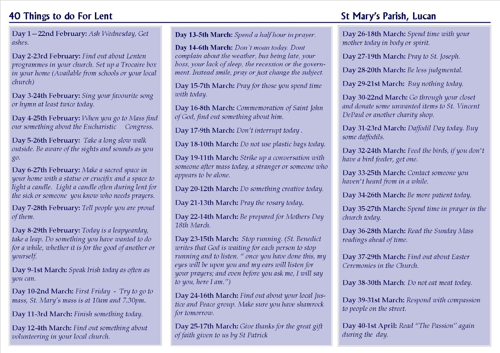 St Mary's Parish, Lucan 40 Things to do For Lent