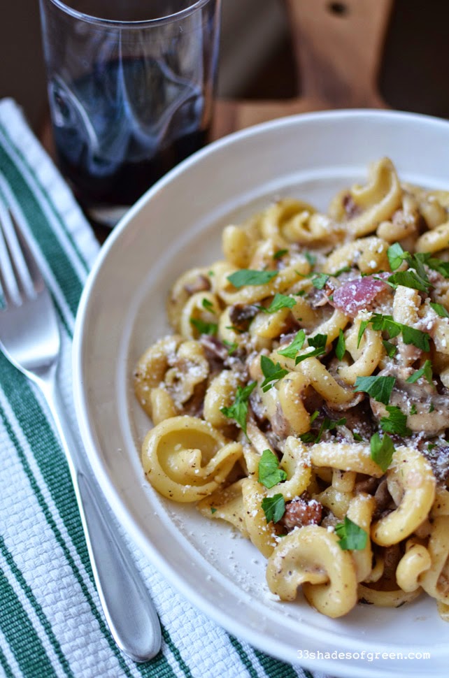 33 Shades of Green Goat Cheese Pasta with Bacon, Mushrooms, & Red Onions