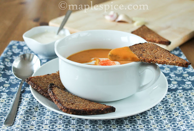 Creamy Smoked Paprika Sweet Potato and Dill Soup with Butter Grilled Garlic Rye Crisps