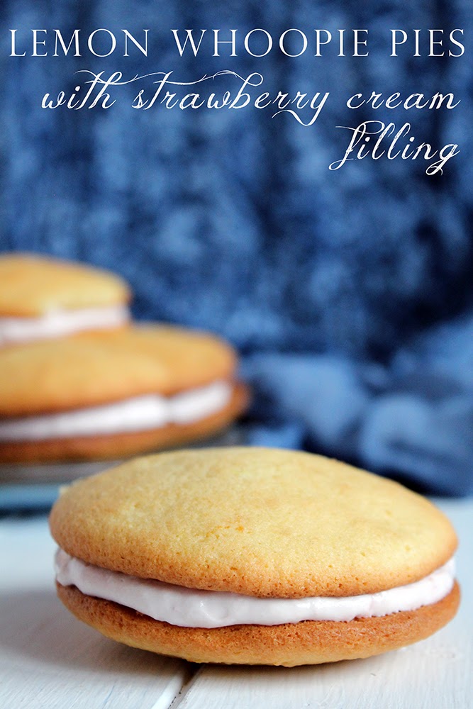 Lemon whoopie pies with strawberry cream filling