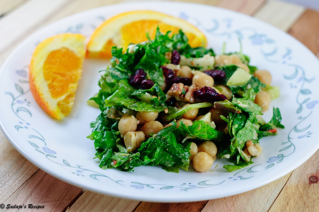 Sailaja's Recipes Kale, Chickpeas Salad with Tahini dressing