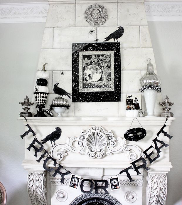 The Decorated House - Black and White Halloween Mantel