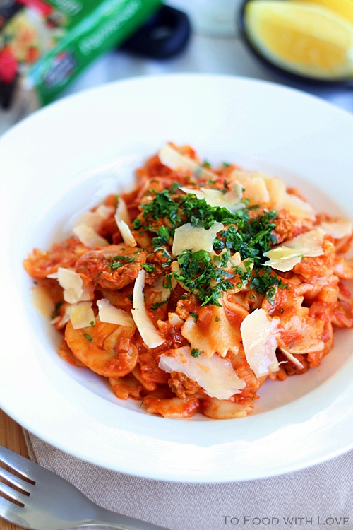 To Food with Love Farfalle Pasta with Sausage and Mushrooms in a Rosa