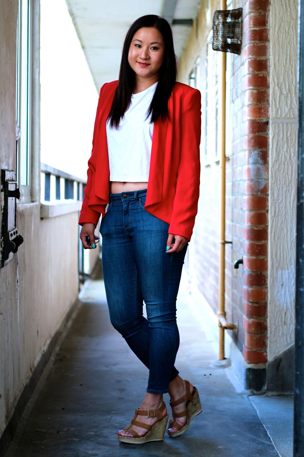 OUTFIT Red Blazer and Skinny Crop Jeans Raining Cake