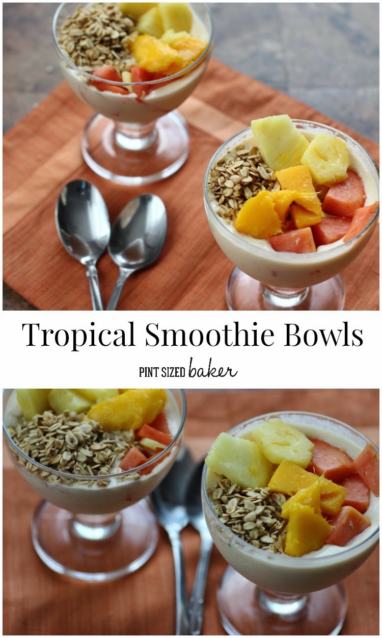 I'm loving these tropical smoothie bowls with fresh pineapple, mango, and papaya with added crunchy granola. It's a great way to fuel up to get the day going.