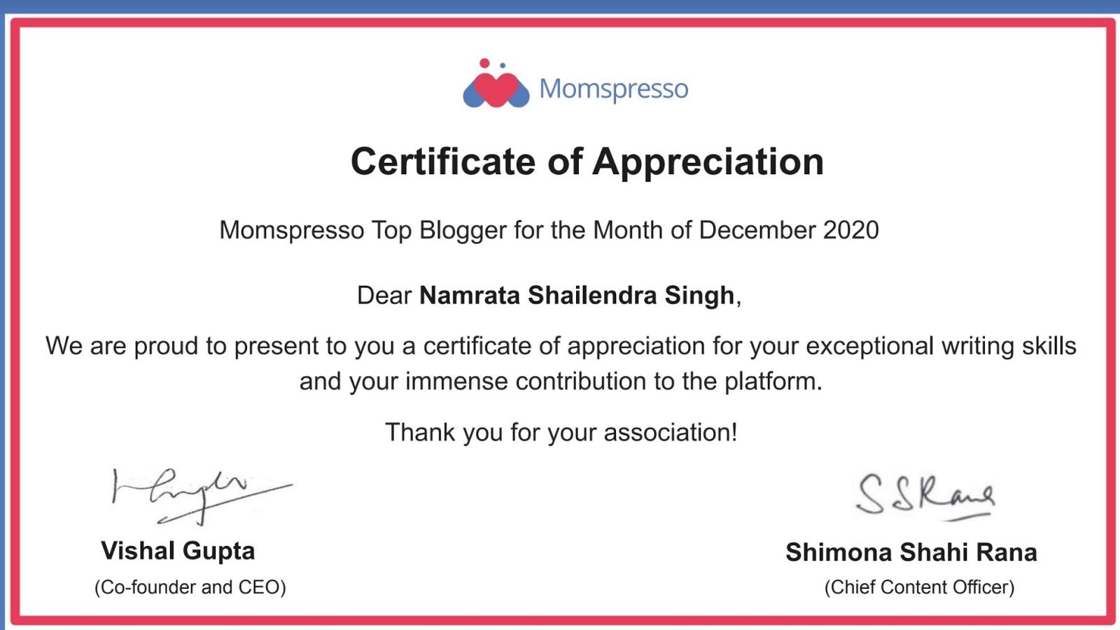 Certificate of Appreciation - Dec 2020