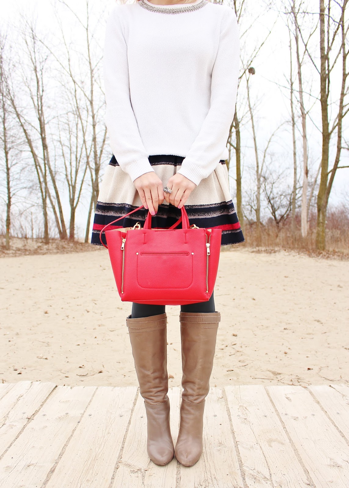 bijuleni,ann taylor, skirt, red tote, knee high boots