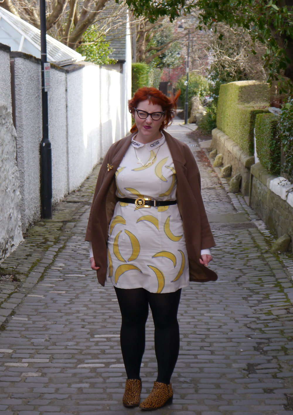 Outfit Outtake What Helen Wore, Scottish Blogger, Dundee, Dundee Blogger, Red Head, Ginger, Banana Dress, Claptrap Boutique, Duo Boots, Leopard Print Boots, Sludge Coat, Karen Mabon Seagull Necklace, Monki Shirt, Come Close Shirt, Scottish Style, Tiger Belt, Cat Eye Glasses