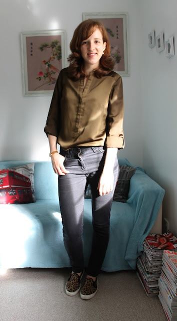 OOTD Marks and Spencer Silk Green Shirt Black Jeans H&M Bag Blazer ASOS Leopard Print Skater Shoes Fashion Blogger