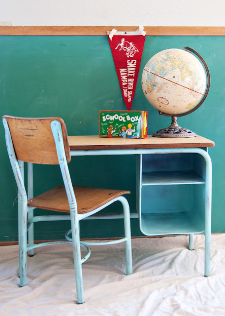 School Desk and Chair Makeover - aqua school desk, globe, pennant, 