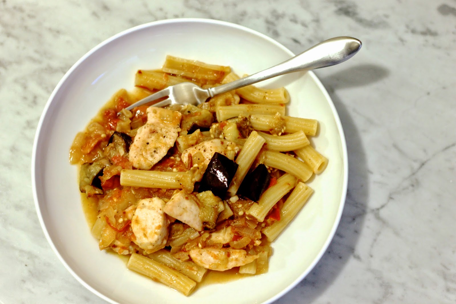 Spicy Eggplant and Chicken Pasta