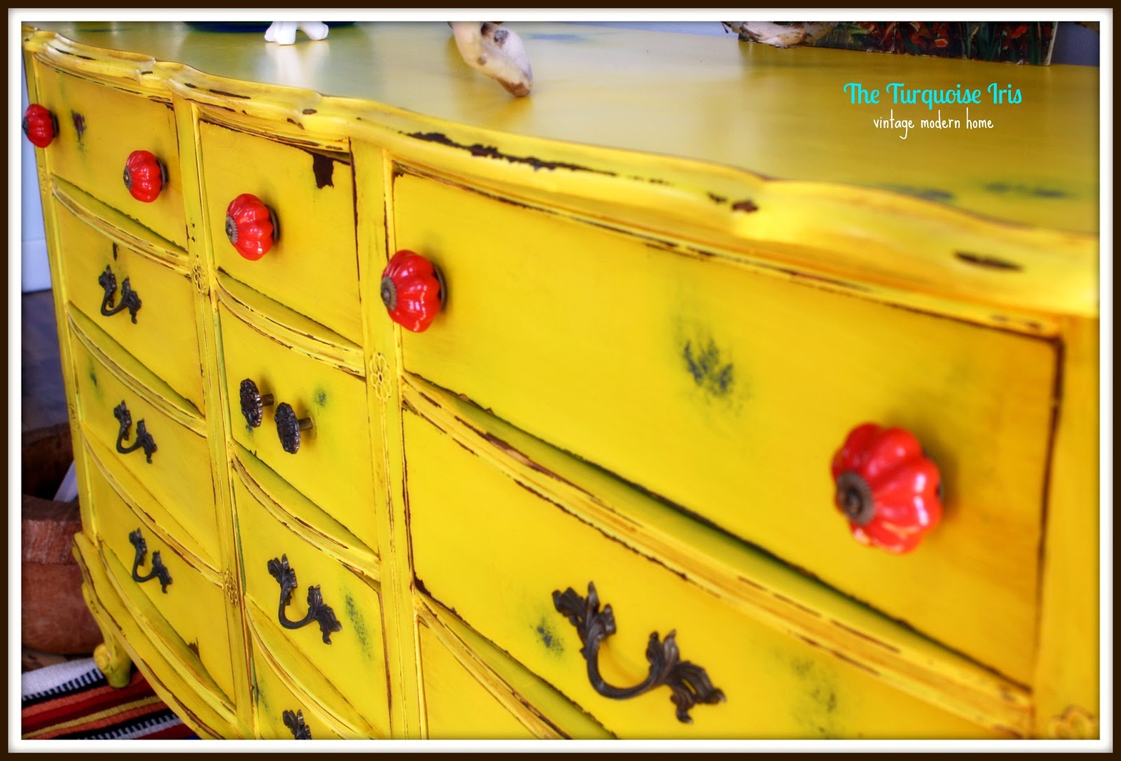 The Turquoise Iris Furniture & Art Vintage Yellow Distressed French