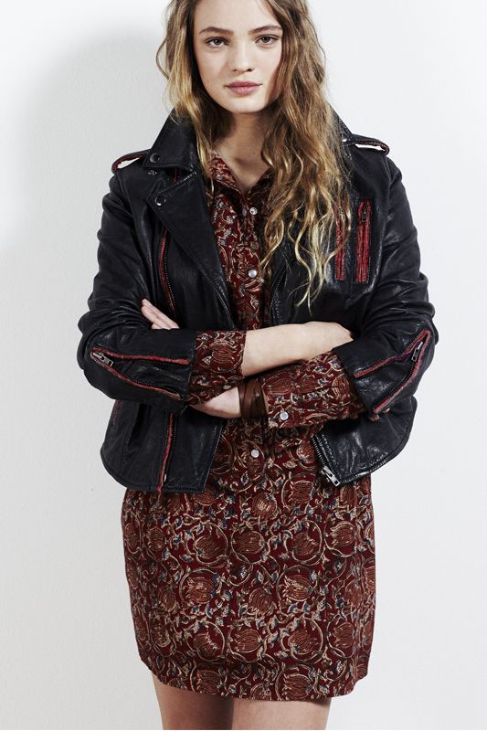 Leaon and Harper lookbook, Leon and Harper, biker jacket and ddress, Biker jacket red dress, red dress, paisely dress