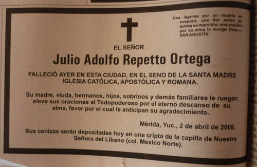 Los Repetto en Yucatán: La muerte de Julio Adolfo Repetto Ortega