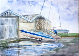  En Plein Aire painting at the Royal Akarana Boat Club is always technically challenging.  There are so much to choose.  To keep going at painting art, I have to find varieties to stretch boundaries. That is probably the reason I feel excited at the opportunity.  This time I chose the close view of the boat yard.  Gazing, drawing, painting in a nice day with fine weather on the seaside like this is very hard because on the other side of me is just wanting to sit on a comfortable chair with a drink and a view.  I kept on regardless.  It was hard work but I felt happy that I had tried!  A little persistence and discipline can go a long way!
