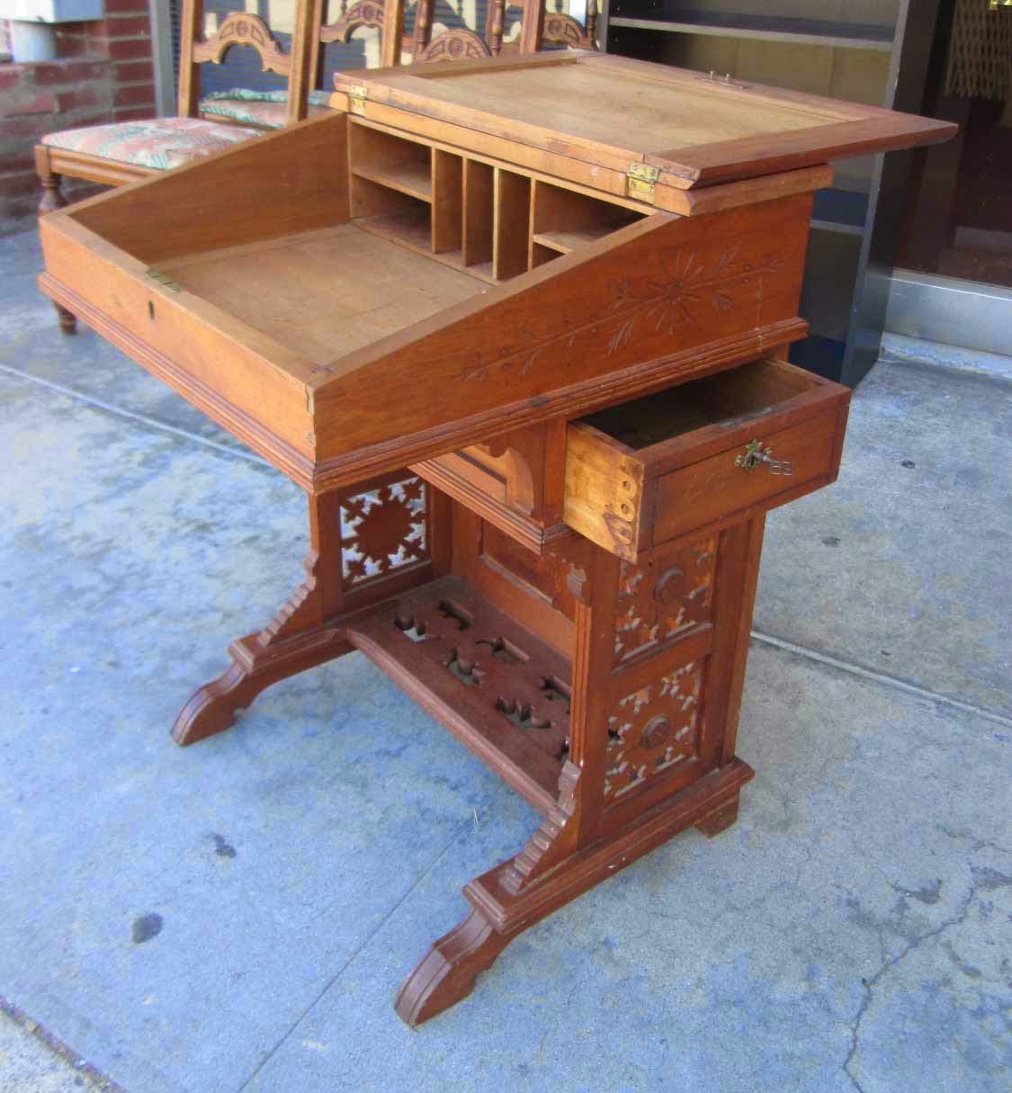 UHURU FURNITURE & COLLECTIBLES: SOLD Antique Hand Carved Student Desk - $200