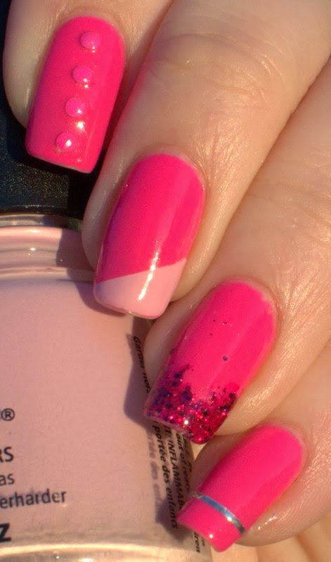 Kmart Pink Minx with neon studs, taping tip, striping tape and glitter gradient accent nail