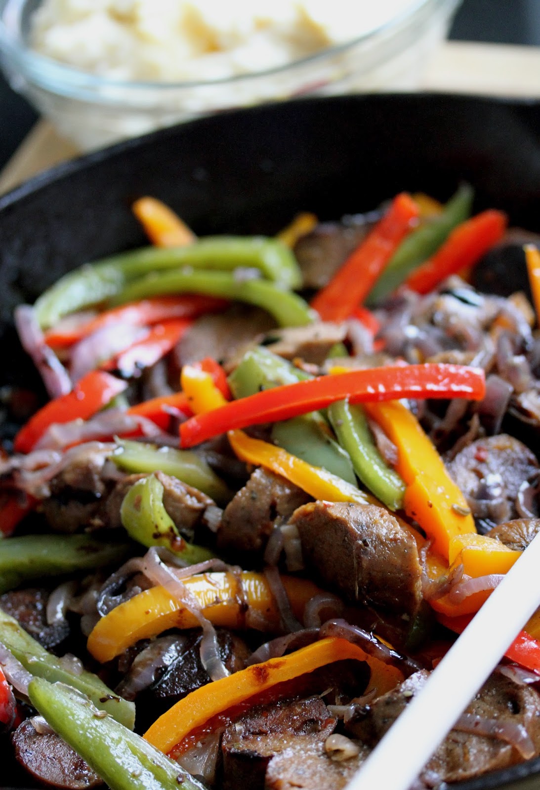 Smith's Vegan Kitchen Vegan Sausage and Peppers over Creamy Polenta