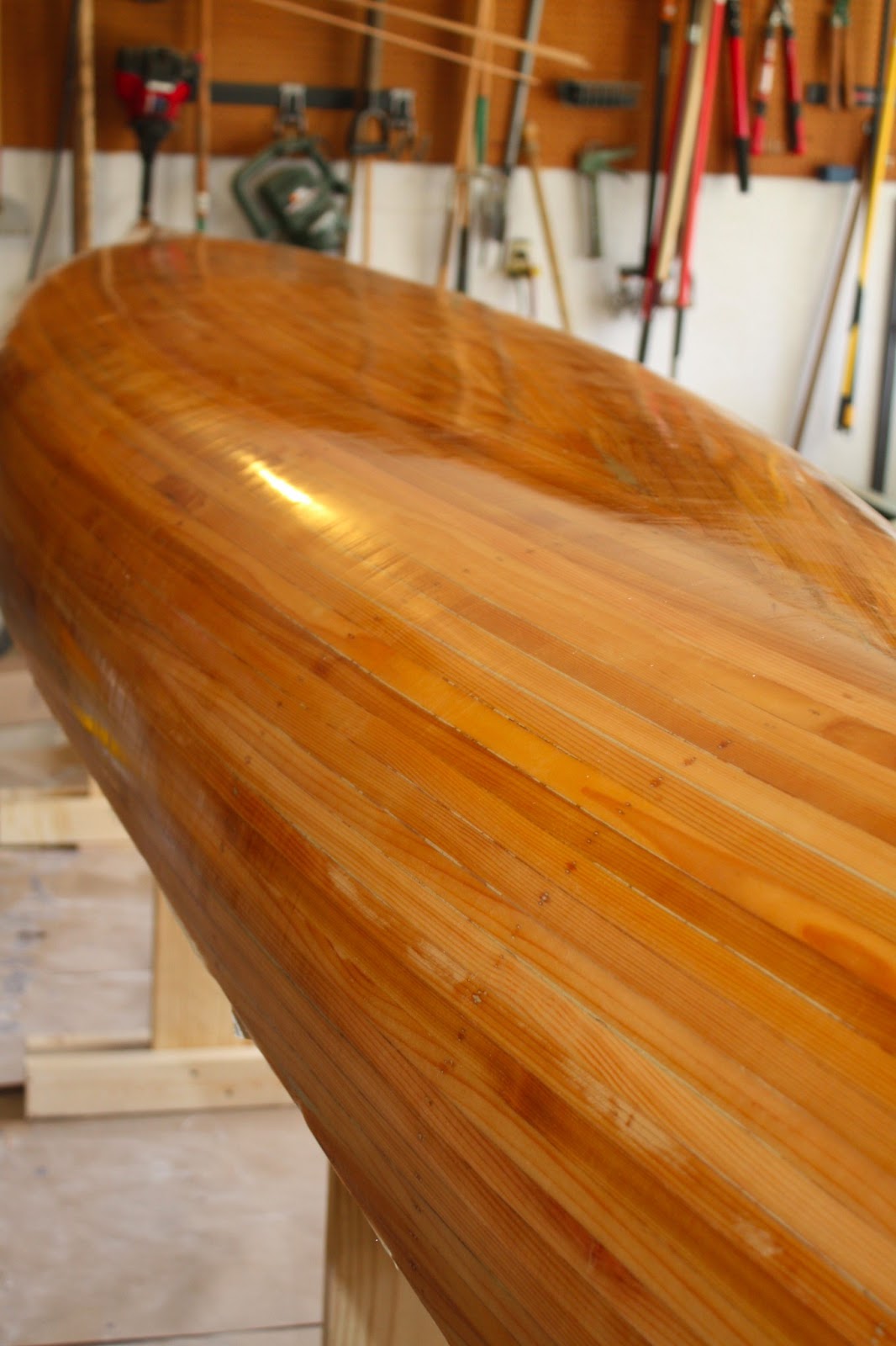 Cedar Strip Canoe Sanding the Fiberglass