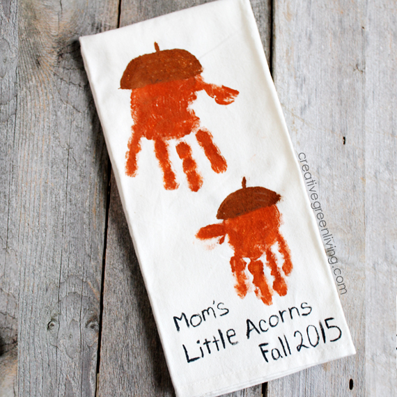 {Kids Craft} Make Acorn Handprint Kitchen Towels Creative Green Living