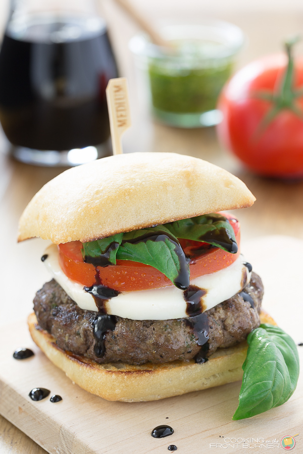 Caprese Burger with Balsamic Glaze Cooking on the Front Burner