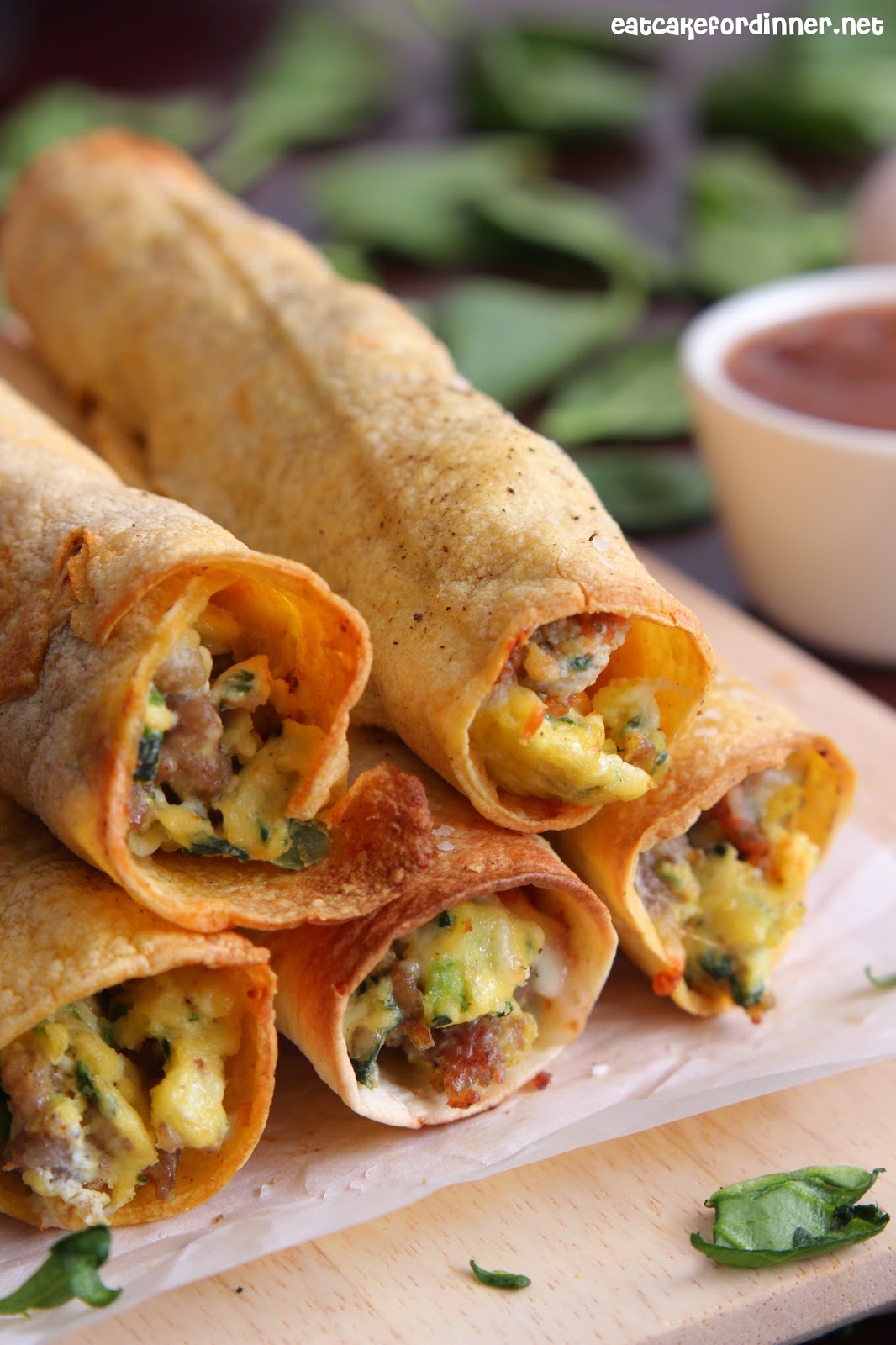 Eat Cake For Dinner Baked Sausage, Spinach and Egg Breakfast Taquitos