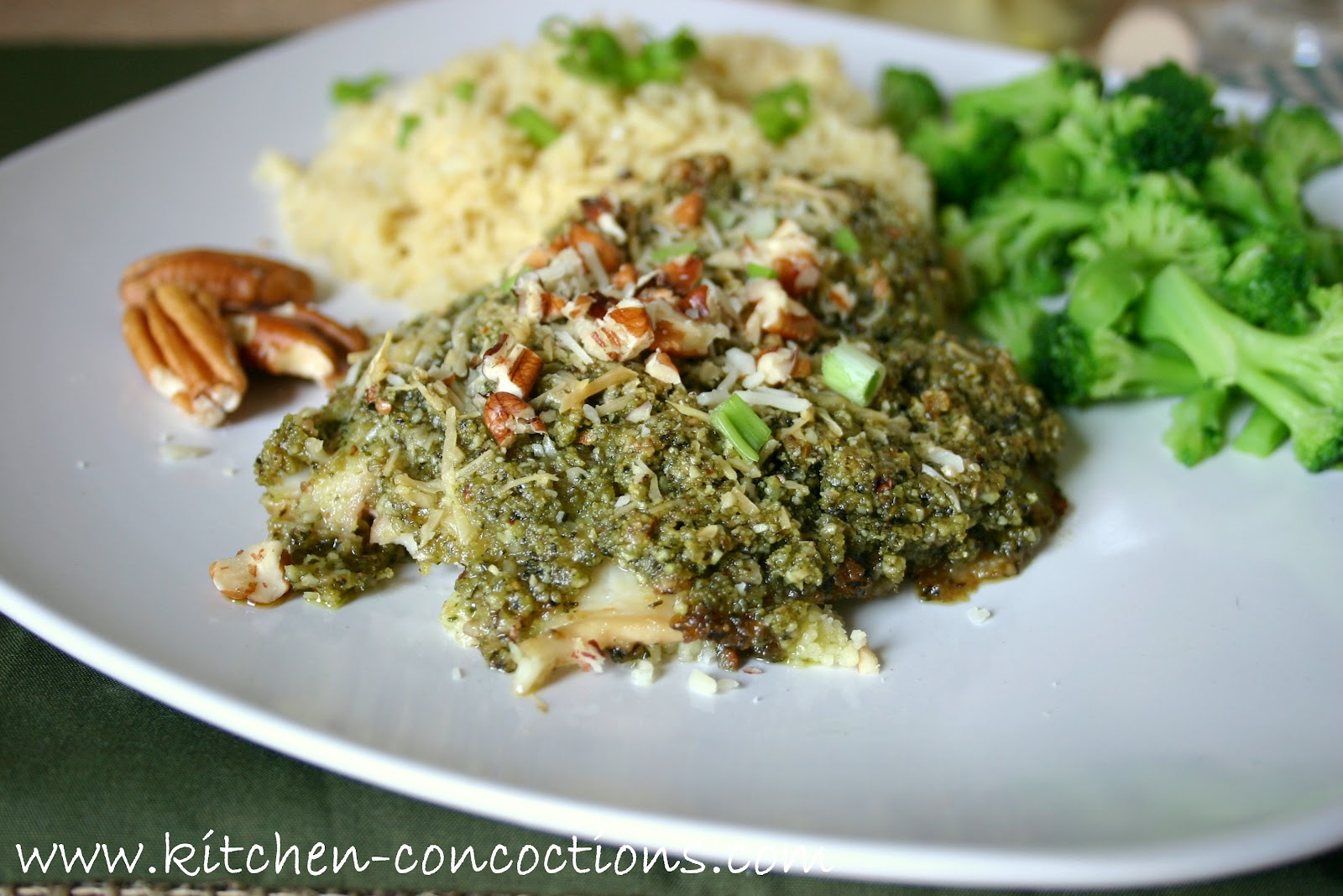 Baked Tilapia with Arugula and Pecan Pesto Kitchen Concoctions