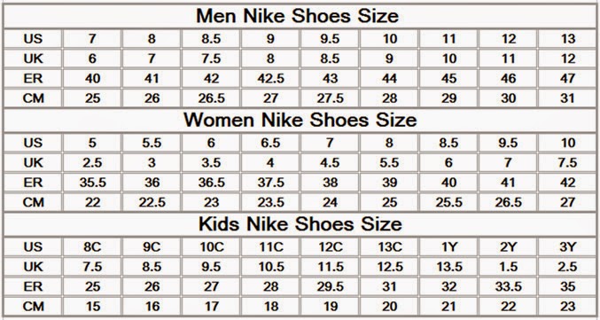 Nike Futsal Shoes Size Chart