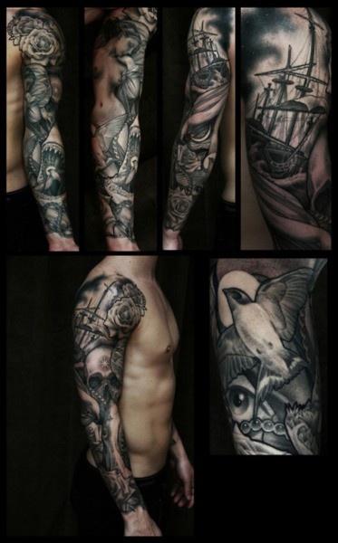 Black and white 3d sleeve tattoo on shoulder and hand