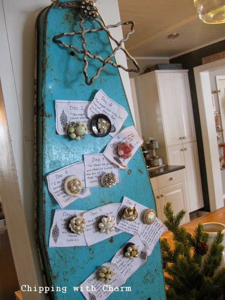 Chipping with Charm: Christmas in the kitchen, ironing board advent tree...http://www.chippingwithcharm.blogspot.com/