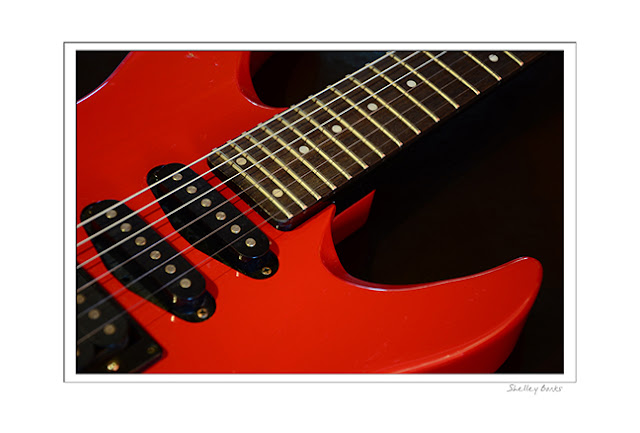 Strong dynamic lines of a red guitar.    Copyright Shelley Banks, all rights reserved.