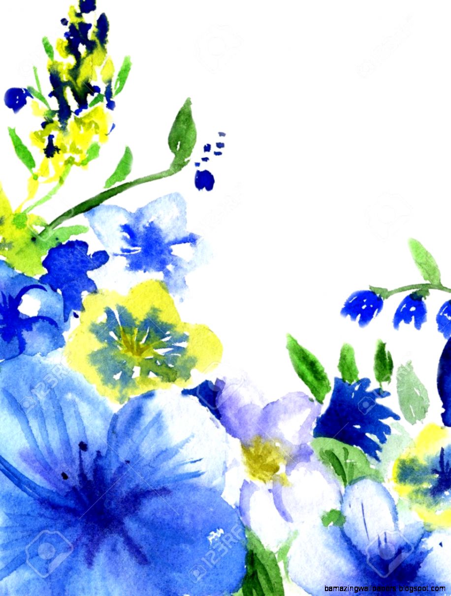 Watercolor Dark Blue And Yellow Flowers On A White Background Watercolor Dark Blue And Yellow Flowers On A White Background