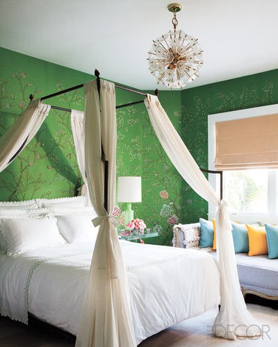 Wrought iron four poster bed in green chinoiserie wallpaper, via Lamb and Blonde
