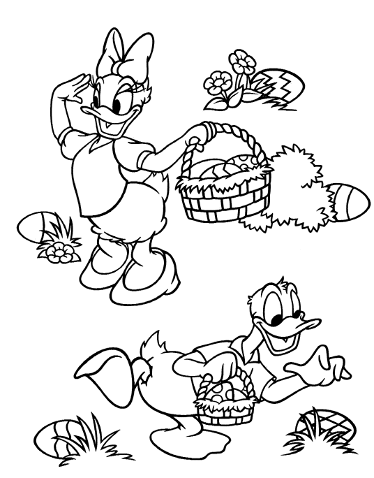 Cute Easter Colouring Picture Showing Daisy Duck And Donald Hunting Eggs